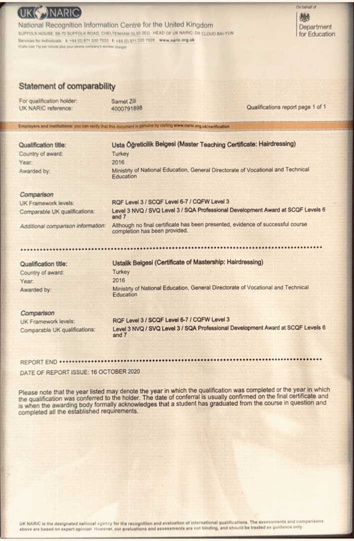 UK recognised hairdressing qualifications including Master Teaching Certificate and Certificate of Mastership held by Samet Zili